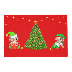 Cute Elves & Christmas Tree on Red Placemat