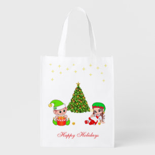Cute Elves & Christmas Tree on White Grocery Bag