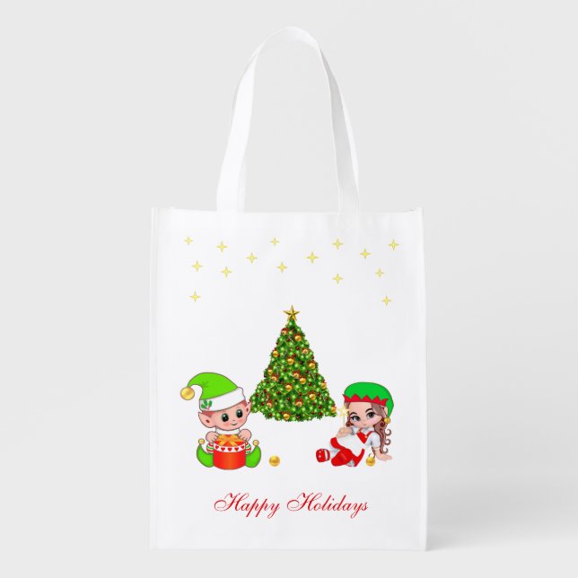 Cute Elves & Christmas Tree on White Grocery Bag (Front)