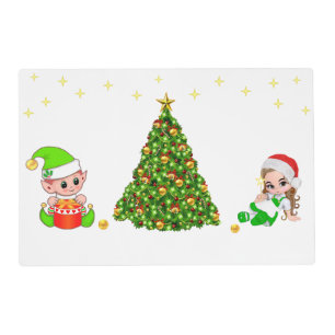 Cute Elves & Christmas Tree on White Placemat