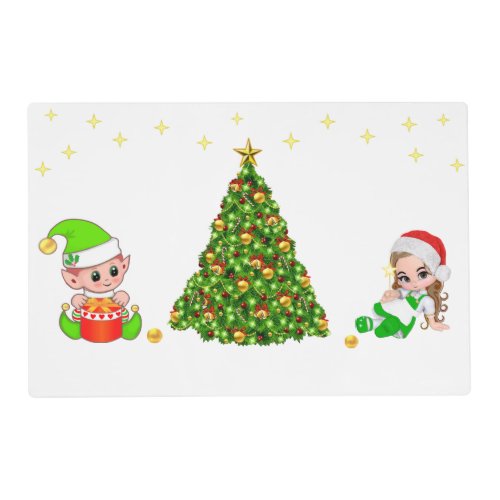Cute Elves  Christmas Tree on White Placemat