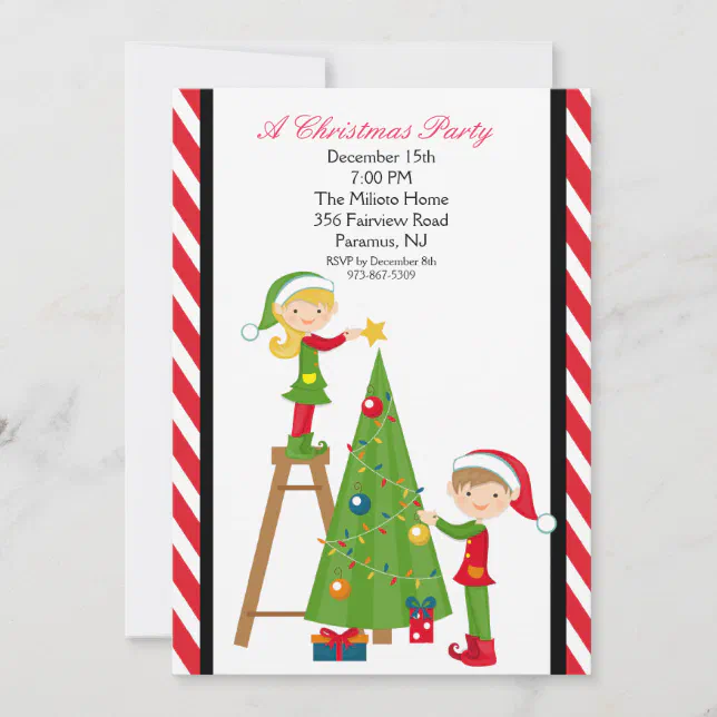 Cute Elves Decorating Tree Christmas Party Invite | Zazzle