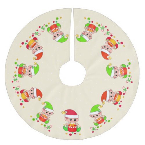 Cute Elves Holding Gifts on Light Champagne Beige Brushed Polyester Tree Skirt