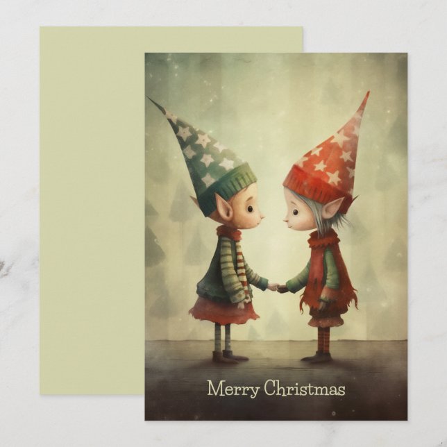 Cute Elves Illustration Holiday Card (Front/Back)