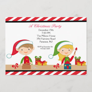 Cute Elves In A Workshop Christmas Party Invite