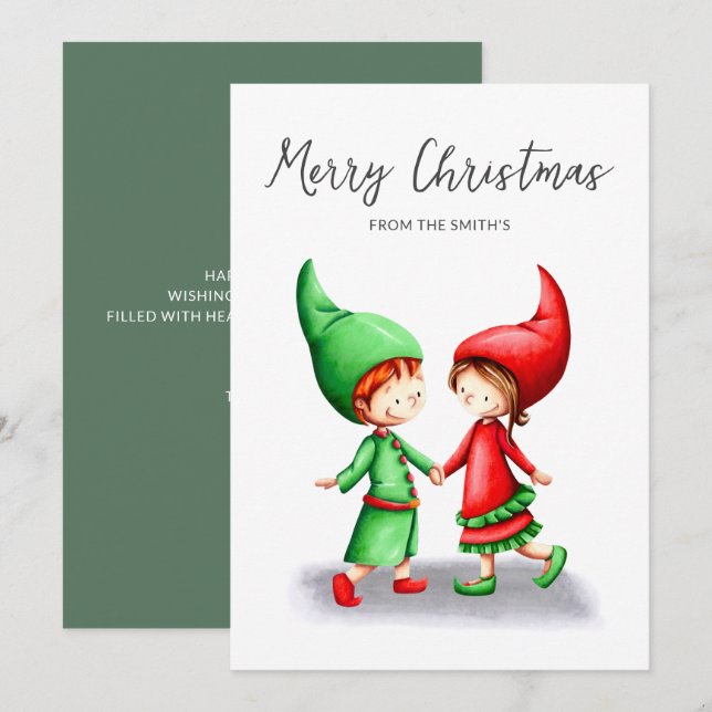 Cute Elves Merry Christmas  Holiday Card (Front/Back)