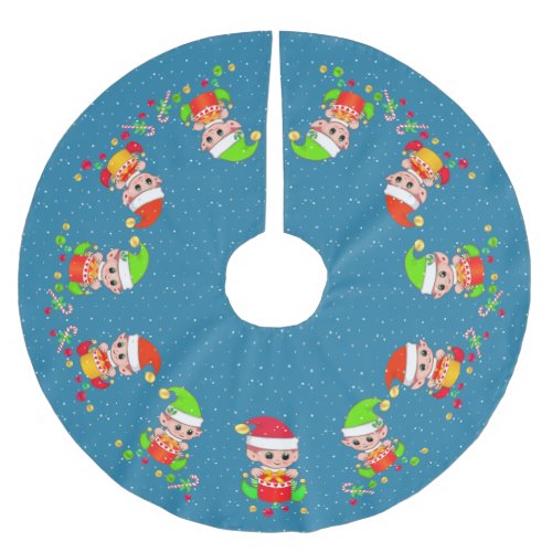 Cute Elves on Sapphire Blue with Snow Accent Brushed Polyester Tree Skirt