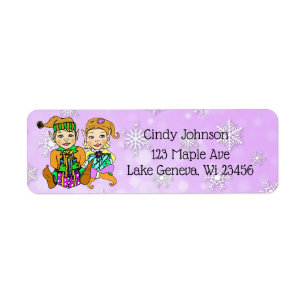 Cute Elves Purple Snowflakes Christmas Card Label
