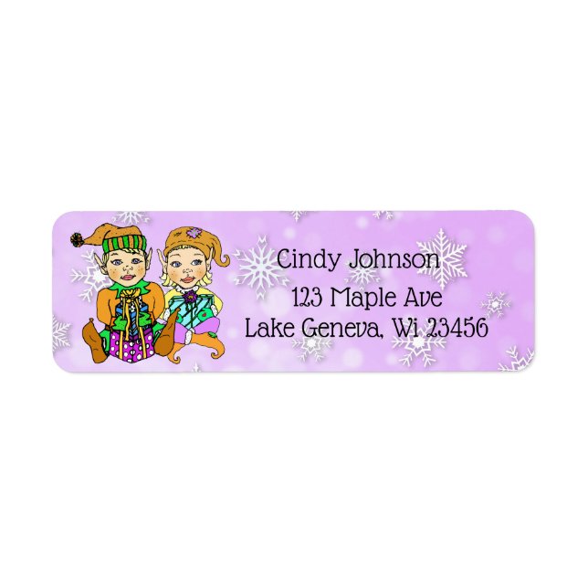 Cute Elves Purple Snowflakes Christmas Card Label (Front)
