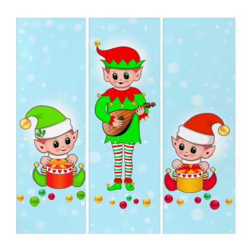 Cute Elves with Christmas Balls on Light Blue Triptych