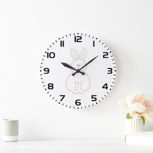 Cute Embroidery Style Bunny Rabbit Large Clock