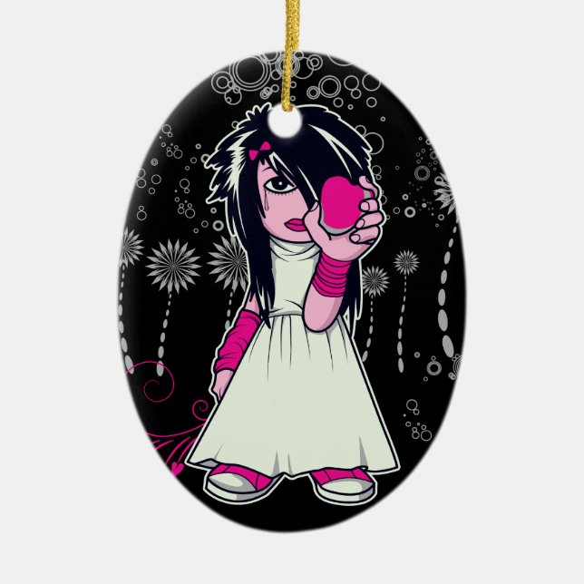 cute emo girl holding heart vector art ceramic ornament (Front)