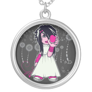 cute emo girl holding heart vector art silver plated necklace