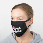 Cute Emo Skull with Pink Ribbon Black Cotton Face Mask (Angled)