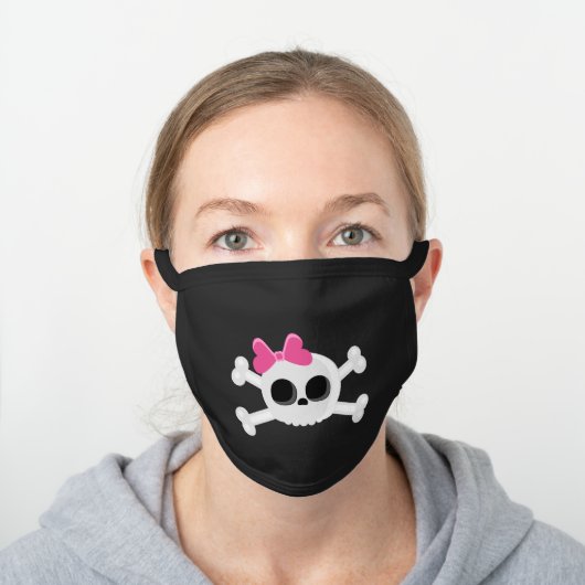 Cute Emo Skull with Pink Ribbon Black Cotton Face Mask (Worn)