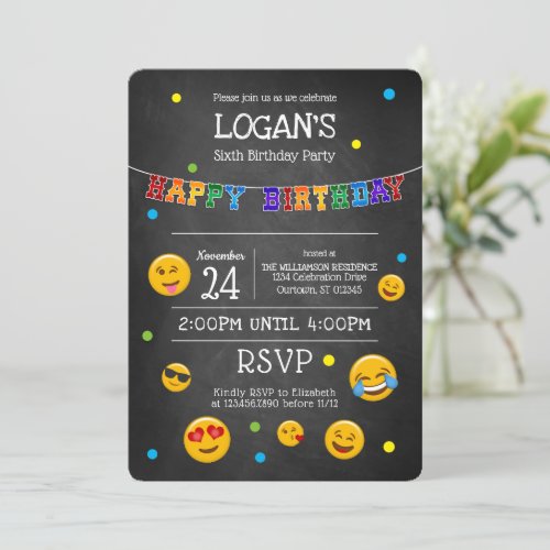 Cute Emoji Chalkboard Birthday Party Invitation