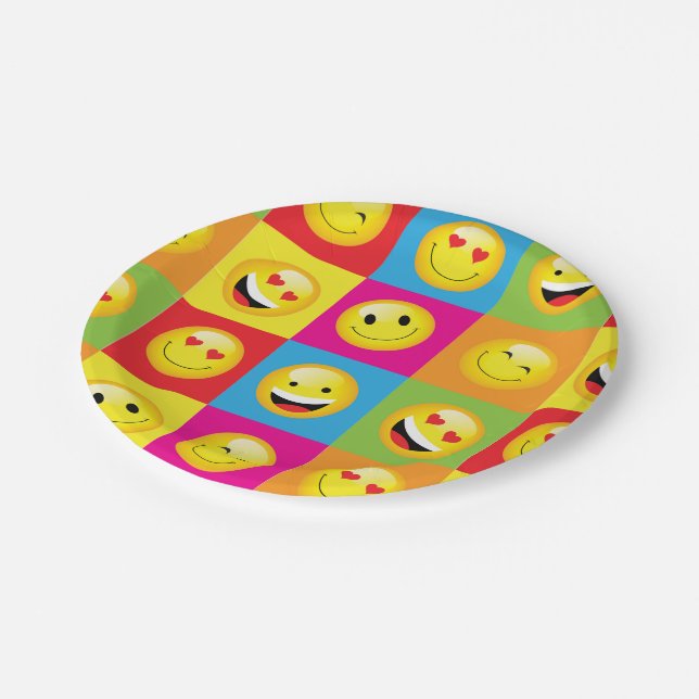 Cute Emoji Party Emoticon Faces Checkerboard Paper Plates (Angled)