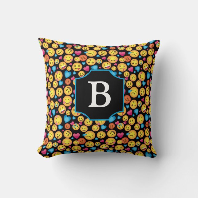 Cute Emoji Print Pillow with Monogram on Black (Front)