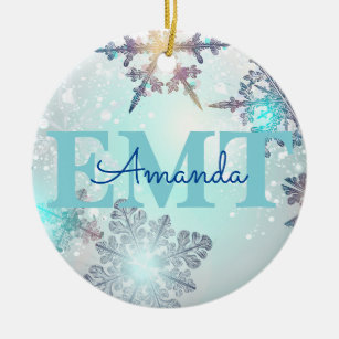 Cute EMT Ice Blue Snowflake Personalized Name  Ceramic Ornament
