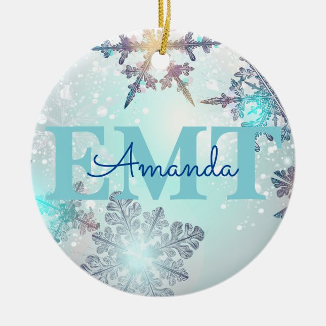 Cute EMT Ice Blue Snowflake Personalized Name  Ceramic Ornament (Front)