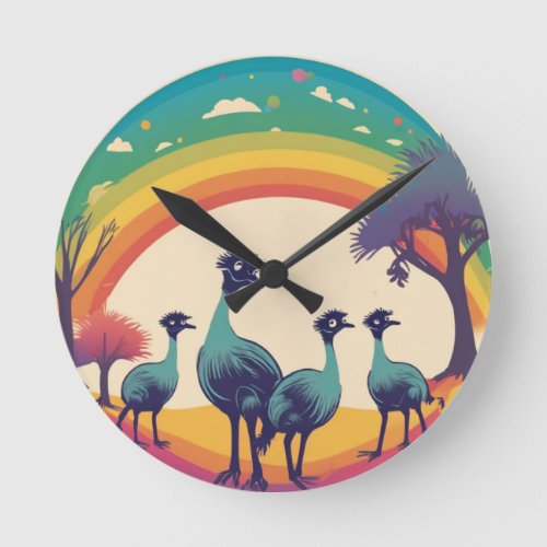 Cute Emu Family Round Clock