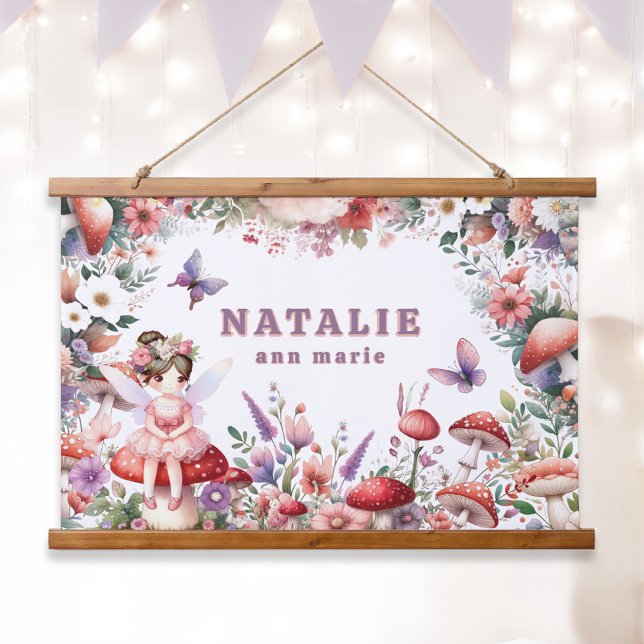 Cute Enchanted Fairy Garden Personalized Name Hanging Tapestry (Enchanted Fairycore Garden Custom Name Tapestry Wall Art Brown Hair Fairy.)