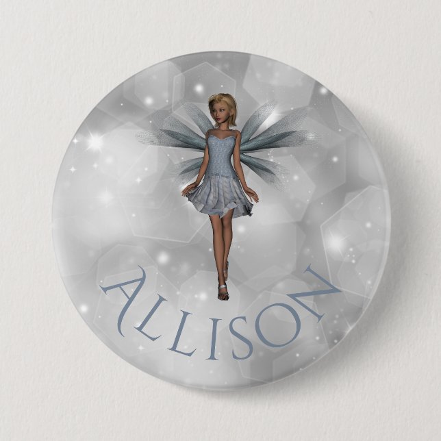 Cute Enchanted Whimsical Fantasy Fairy Silver Name Button (Front)