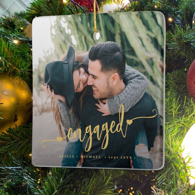 Cute engaged script photo ceramic ornament (Creator Uploaded)