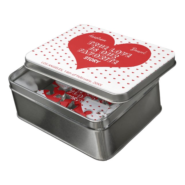 Cute engagement couples red heart keepsake gift jigsaw puzzle (Lid Open)
