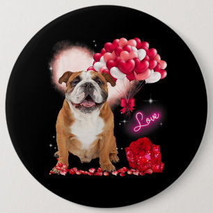 Cute English Bulldog Balloon Heart Valentines Day Button