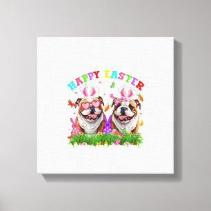 Cute English Bulldog Dog & Bunny Ears Eggs Happy E Canvas Print