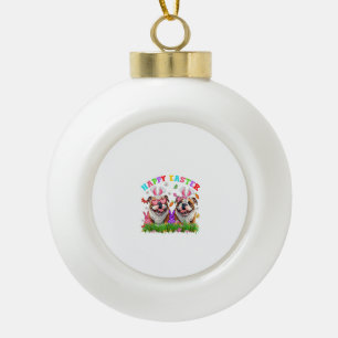 Cute English Bulldog Dog & Bunny Ears Eggs Happy E Ceramic Ball Christmas Ornament