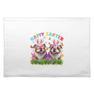 Cute English Bulldog Dog & Bunny Ears Eggs Happy E Cloth Placemat