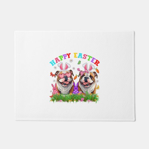Cute English Bulldog Dog &amp; Bunny Ears Eggs Happy E Doormat