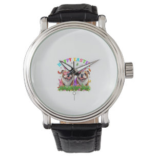 Cute English Bulldog Dog & Bunny Ears Eggs Happy E Watch