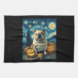 Cute English Bulldog Dog Halloween Jack O Lantern Kitchen Towel