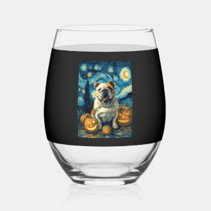 Cute English Bulldog Dog Halloween Jack O Lantern Stemless Wine Glass