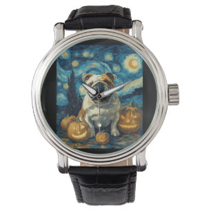 Cute English Bulldog Dog Halloween Jack O Lantern Watch