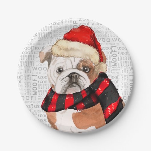 Cute English Bulldog in Hat and Scarf Christmas Paper Plates