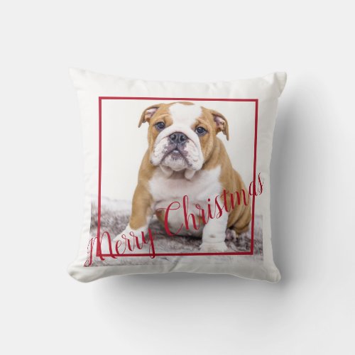 Cute English Bulldog Merry Christmas Holiday Photo Throw Pillow