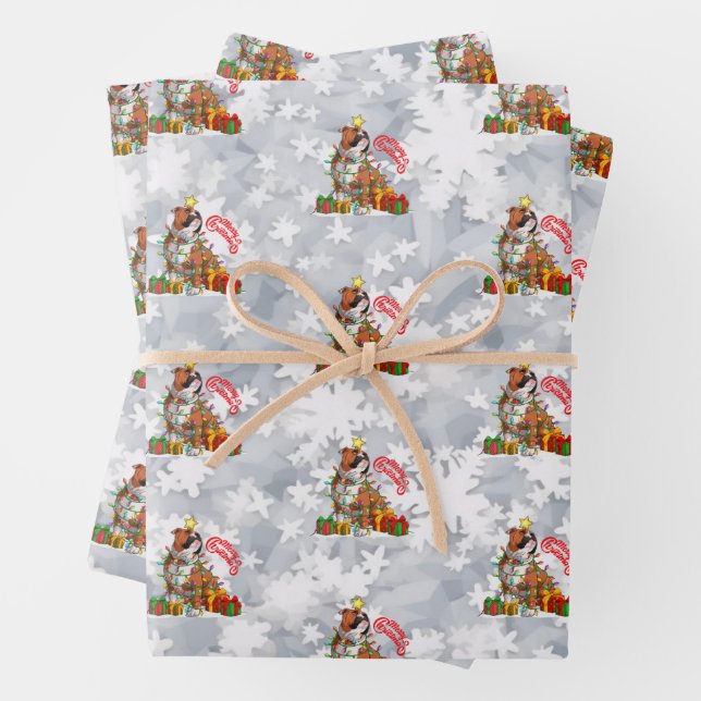Cute English Bulldog Merry Christmas Lights Gifts Wrapping Paper Sheets (In situ)