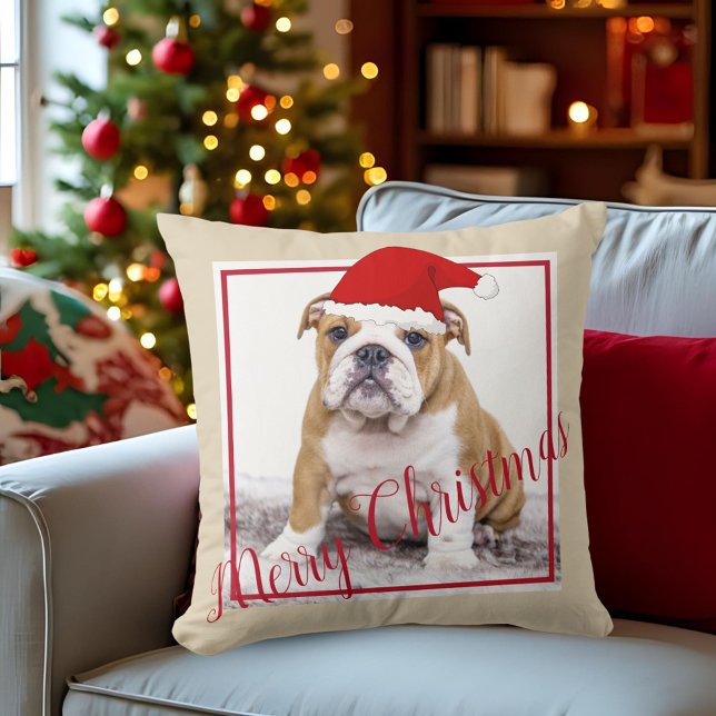 Cute English Bulldog Merry Christmas Photo Throw Pillow (Creator Uploaded)