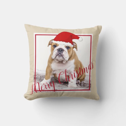 Cute English Bulldog Merry Christmas Photo Throw Pillow