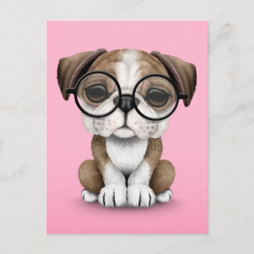 Cute English Bulldog Puppy Wearing Glasses Pink Postcard