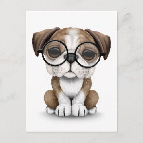 Cute English Bulldog Puppy Wearing Glasses White Postcard