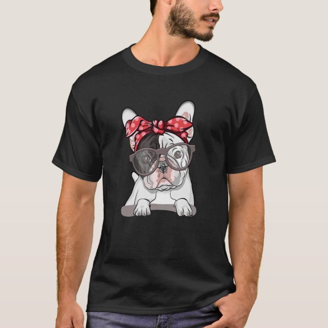 Cute English Bulldog Red Polka Dot Headband And Gl T-Shirt (Front)