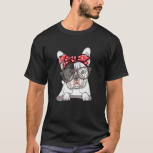 Cute English Bulldog Red Polka Dot Headband And Gl T-Shirt