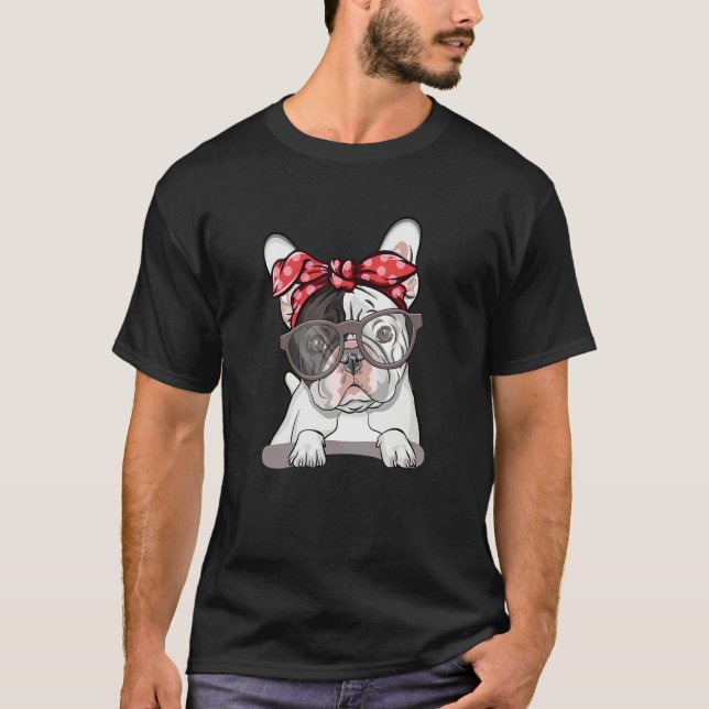 Cute English Bulldog Red Polka Dot Headband And Gl T-Shirt (Front)