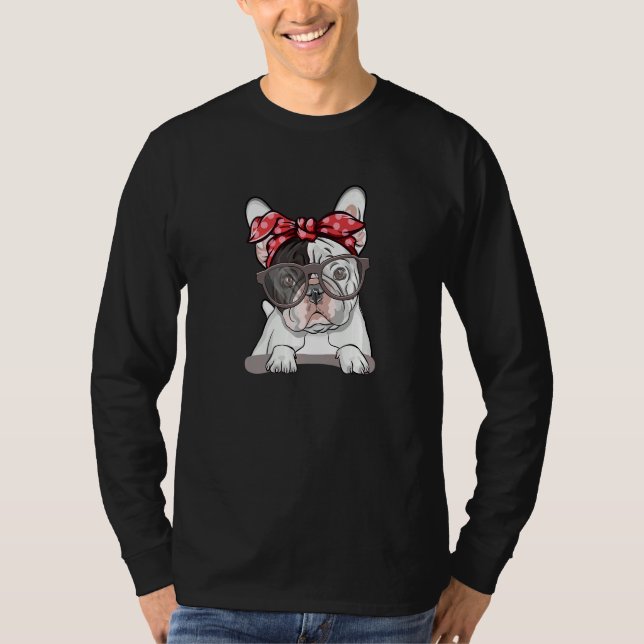 Cute English Bulldog Red Polka Dot Headband And Gl T-Shirt (Front)