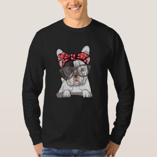 Cute English Bulldog Red Polka Dot Headband And Gl T-Shirt